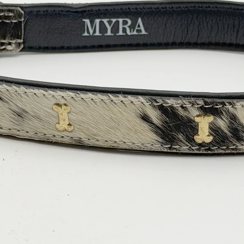 Myra Bag Cowhide Dog Collar Black White Spotted Leather Gold Bone Studs NEW XL
